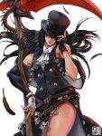  1other absurdres androgynous ascot asymmetrical_gloves asymmetrical_sleeves bare_shoulders black_gloves black_hair buttons feathers fingerless_gloves floating_hair gloves guilty_gear guilty_gear_strive hat hat_over_one_eye highres holding holding_weapon jamrolypoly long_hair looking_at_viewer one_eye_covered red_eyes scythe side_slit signature simple_background skull straight_hair testament_(guilty_gear) weapon white_background white_gloves 