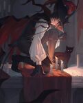  1boy 76930502 animal_ears arknights bishounen black_cat black_gloves blouse candle candlelight cape cat cat_boy cat_ears christine_(arknights) full_body gloves hat highres indoors kneeling looking_at_viewer male_focus phantom_(arknights) shirt short_hair solo table yellow_eyes 