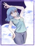  blue_hair border breasts closed_mouth clouds cloudy_sky dr._addamelech hand_on_hip heterochromia highres medium_breasts ok_sign short_sleeves sky sportswear tatara_kogasa thighs touhou 