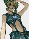  1girl 8h_kt absurdres arm_up bare_shoulders bracelet braid closed_mouth collarbone eyelashes fingernails green_eyes green_hair green_lips green_nails grey_background hair_cones heart heart_on_chest highres jewelry jojo_no_kimyou_na_bouken kujo_jolyne long_fingernails long_hair navel simple_background solo stone_ocean very_long_fingernails 