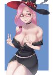  1girl absurdres bare_shoulders black_dress border breasts closed_mouth cojohn collarbone double_v dress flower glasses hair_over_shoulder hat hat_flower highres hololive hololive_english large_breasts long_hair looking_at_viewer low-tied_long_hair mama_mori mature_female off-shoulder_dress off_shoulder pink_eyes pink_hair red_flower red_rose rose short_dress smile solo thighs v white_border wide_hips witch_hat 