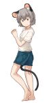  1girl animal_ears barefoot blue_shorts breasts brown_eyes chagamaka crystal from_side full_body grey_hair highres jewelry looking_back mouse_ears mouse_girl mouse_tail nazrin necklace necklace_under_clothes pendant shirt short_hair shorts small_breasts solo t-shirt tail tail_under_clothes touhou 