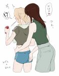  !? 2girls ass_grab blonde_hair blue_shorts blush brown_hair can character_request commentary_request cropped_legs ear_blush from_behind girls_und_panzer green_shirt holding holding_can long_hair megumi_(girls_und_panzer) midriff multiple_girls shirt short_shorts short_sleeves shorts sleeveless sleeveless_shirt spoken_interrobang sweat towel towel_around_neck translation_request white_background yuri yuuhi_(arcadia) 
