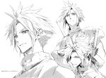  1boy armor asymmetrical_hair buster_sword cloud_strife earrings fighting_stance final_fantasy final_fantasy_vii final_fantasy_vii_remake gloves greyscale hair_between_eyes hair_over_one_eye highres jewelry legacy_zechs monochrome multiple_views muscular muscular_male portrait shoulder_armor single_earring sleeveless sleeveless_turtleneck spiky_hair suspenders turtleneck upper_body weapon weapon_on_back white_background 