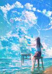  1girl aoi_minato_(aoiminato_ship) artist_name bare_legs barefoot beach black_hair blue_sky blue_theme brown_skirt clouds cloudy_sky cumulonimbus_cloud day easel facing_away from_behind highres holding legs long_hair ocean original outdoors outstretched_arm paintbrush painting painting_(object) plaid plaid_skirt rain scenery shirt signature sitting skirt sky solo stool summer sunlight white_bird white_shirt 
