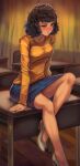  1girl :t absurdres bangs blue_skirt blush breasts brown_eyes brown_hair chair closed_mouth collarbone commentary curtains desk embarrassed full_body half-closed_eyes highres indoors kawakami_sadayo long_sleeves looking_at_viewer medium_breasts messy_hair miniskirt nose_blush on_desk pencil_skirt persona persona_5 pout school_chair school_desk shirt shoes short_hair sidelocks sitting skirt solo striped striped_shirt toasty_scones white_footwear yellow_shirt 