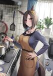  1girl air_groove_(umamusume) animal_ears apron blue_eyes blue_shirt blush bob_cut bow brown_hair collarbone commentary_request cooking cowboy_shot from_side frown hair_over_one_eye hand_on_hip highres holding holding_ladle horse_ears horse_tail inverted_bob jewelry kitchen kuguri_oimo ladle looking_at_viewer necklace pants pot shirt short_hair solo standing sweatdrop tail umamusume yellow_bow 