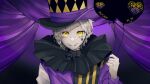  1boy admin_(gamer) balloon envy_baby_(vocaloid) eyeshadow grey_hair hat highres holding holding_balloon indie_virtual_youtuber lip_piercing looking_at_viewer makeup male_focus mugo_(acacacacac_ed) neck_ruff nose_piercing parted_lips piercing portrait solo top_hat yellow_eyes yellow_eyeshadow 