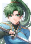  1girl bangs blue_dress closed_mouth dress earrings fingerless_gloves fire_emblem fire_emblem:_the_blazing_blade gloves green_eyes green_gloves green_hair high_ponytail holding holding_sword holding_weapon jewelry lips long_hair looking_at_viewer lyn_(fire_emblem) parted_bangs pink_lips ponytail smile solo sword teeth ten_(tenchan_man) upper_body upper_teeth weapon 