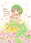  1girl \m/ bow brown_eyes dated dress flower green_dress green_hair hair_flower hair_ornament hanai_chi happy_birthday heart highres looking_at_viewer macross macross_frontier off-shoulder_dress off_shoulder orange_bow pink_flower ranka_lee short_hair smile solo white_flower yellow_flower 