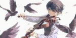  1boy bangs black_bird black_hair black_vest blurry blurry_foreground buttons chinese_commentary closed_mouth commentary eyebrows_behind_hair hair_between_eyes instrument lan-ge-zi long_sleeves looking_at_viewer male_focus music original playing_instrument shirt short_hair simple_background solo twitter_username upper_body vest violet_eyes violin white_background white_shirt 