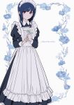  1girl :o amayadori_uki apron bangs black_dress blue_flower blue_hair blush dress flower hands_up hibike!_euphonium highres holding holding_flower lily_of_the_valley liz_to_aoi_tori long_hair long_sleeves looking_at_viewer maid maid_apron maid_headdress parted_lips red_eyes solo standing white_apron white_background yoroizuka_mizore 