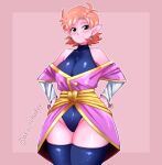  1girl aka_nobodyy bare_shoulders black_eyes black_legwear breasts chronoa closed_mouth colored_skin cowboy_shot dragon_ball dragon_ball_xenoverse earrings hands_on_hips highres jewelry large_breasts leotard light_blush light_smile looking_at_viewer orange_hair pink_background pink_skin pointy_ears potara_earrings short_hair simple_background smile thigh-highs twitter_username 
