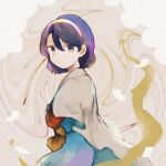  1girl :/ blue_eyes blue_hair cape commentary hair_between_eyes hairband long_sleeves looking_at_viewer multicolored_clothes multicolored_headwear patchwork_clothes rainbow_gradient s_hirono28 short_hair solo tenkyuu_chimata touhou white_cape 