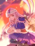  1girl asymmetrical_sleeves backlighting dagger hair_ornament highres knife long_hair looking_at_viewer purple_hair qin_shi_ming_yue qin_shi_ming_yue_shao_siming_zhuye shao_siming_(qin_shi_ming_yue) skirt solo string sun sunset weapon 