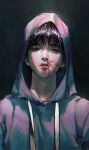  1boy absurdres bangs black_background black_hair blood blood_on_face closed_mouth dated_commentary drawstring eggpongg half-closed_eyes highres hood hood_up hoodie injury lips looking_at_viewer male_focus nosebleed original purple_hoodie purple_theme simple_background solo upper_body 