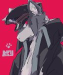  1boy animal_ears black_coat black_fur black_headwear body_fur character_name closed_mouth coat commentary_request furrification furry furry_male grey_fur hat highres ingo_(pokemon) looking_at_viewer male_focus milk_(milk319319) open_clothes open_coat paw_print peaked_cap pokemon pokemon_(game) pokemon_bw red_background red_eyes sidelocks simple_background sketch snout solo torn_clothes torn_coat translated two-tone_fur upper_body wolf_boy wolf_ears 