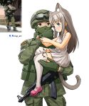  1boy 1girl absurdres animal_ears artist_name balaclava blue_eyes brown_eyes brown_hair carrying carrying_person cat_ears cat_tail child cowboy_shot dress gloves grey_dress grey_legwear helmet highres kalashnikov_rifle military military_uniform nisp_art original personification photo-referenced photo_inset pink_footwear reference_inset ribbon_of_saint_george russian_commentary shoes simple_background tail thigh-highs uniform 