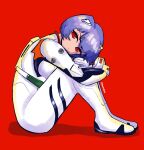  1girl ayanami_rei bangs blue_hair bodysuit breasts cdromarts commentary full_body hair_ornament highres hugging_own_legs interface_headset looking_at_viewer medium_breasts neon_genesis_evangelion plugsuit red_background red_eyes short_hair sitting solo white_bodysuit 
