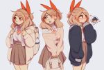  1girl :o backpack bag bottle brown_eyes brown_hair brown_skirt brown_sweater collared_shirt cudlil cudlil_(character) hair_behind_ear hair_ribbon heart looking_to_the_side multiple_views off_shoulder open_mouth orange_ribbon original ponytail ribbon shirt skirt speech_bubble sweater water_bottle white_background white_shirt 