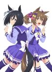  2girls absurdres animal_ears bangs black_hair blue_eyes breasts brown_hair closed_mouth double_v eishin_flash_(umamusume) hands_up highres horse_ears horse_girl horse_tail looking_at_viewer medium_breasts multiple_girls open_mouth purple_legwear purple_shirt purple_skirt sailor_collar school_uniform shirt simple_background skirt small_breasts smart_falcon_(umamusume) smile tail thigh-highs tracen_school_uniform twintails umamusume v white_background yellow_eyes yokkest 
