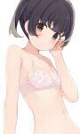  1girl bangs black_eyes black_hair bow bow_bra bra closed_mouth collarbone dot_nose expressionless eyebrows_visible_through_hair flat_chest floral_print hand_on_own_head hand_up hiroki_(yyqw7151) light_blush looking_at_viewer navel original pink_bra short_hair sidelocks stomach twintails underwear white_background 