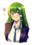  1girl :&gt; absurdres alternate_costume bangs blush collared_shirt cropped_torso eyebrows_visible_through_hair frog_hair_ornament green_eyes green_hair hair_ornament hair_tubes heart highres jacket kochiya_sanae long_hair looking_at_viewer necktie sen_(daydream_53) shirt simple_background smile snake_hair_ornament solo touhou upper_body white_background white_shirt 