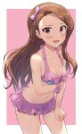  absurdres bangs blush bow breast_hold breasts brown_hair collarbone commentary_request dot_nose eyebrows forehead frilled_swimsuit frills hairband hand_on_own_thigh highres idolmaster idolmaster_(classic) long_hair looking_at_viewer minase_iori navel open_mouth pink_background pink_bow pink_hairband pink_swimsuit polka_dot shuucream_(syuichi) small_breasts solo stomach swimsuit swimsuit_skirt thighs 