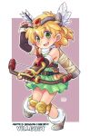  1girl arrow_(projectile) bangs bare_shoulders blonde_hair boots border bow_(weapon) brown_gloves character_request circlet copyright_request dress elbow_gloves fingerless_gloves full_body gloves green_dress green_eyes holding holding_arrow holding_bow_(weapon) holding_weapon looking_at_viewer mawaru_(mawaru) purple_background quiver solo weapon white_border 