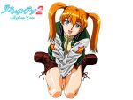  1990s_(style) 1girl bangs between_legs blue_eyes boots brown_footwear copyright_name eyebrows_visible_through_hair full_body hand_between_legs jacket long_hair looking_at_viewer mary_kenjitt miniskirt non-web_source official_art open_mouth orange_hair pencil_skirt refrain_love_2 retro_artstyle simple_background sitting skirt solo star_(symbol) star_print takigawa_kazuo twintails v_arms wariza white_background 