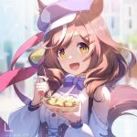  1girl animal_ears blush breasts brown_hair cabbie_hat commentary_request food hat highres horse_ears horse_girl looking_at_viewer matikane_tannhauser_(umamusume) medium_breasts medium_hair open_mouth portrait ribbon shine_cheese solo umamusume yellow_eyes 