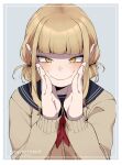 1girl blonde_hair blush boku_no_hero_academia grey_background hair_behind_ear hand_on_own_face highres long_sleeves looking_at_viewer messy_hair necktie ponytail school_uniform simple_background smile solo solo_focus toga_himiko tongu_11 yellow_eyes 