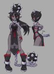  1girl :3 absurdres arms_at_sides ball_and_chain_(weapon) black_eyes black_hair boots chain character_sheet collar colored_sclera colored_skin cuffs demon_girl demon_horns english_commentary flail full_body grey_background grey_skin hair_over_one_eye highres horns long_hair metal_collar original orisghost pointy_ears red_sclera shackles spikes standing tabard tail weapon 