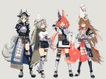  4girls :d animal_ears arknights armor armored_boots ashlock_(arknights) black_footwear black_skirt blue_skirt boots brown_cape brown_eyes cape ear_covers ear_tag ears_through_headwear eyebrows_visible_through_hair fartooth_(arknights) feather_hair flametail_(arknights) full_body gauntlets grey_background grey_hair hair_between_eyes harami_(hara_333) horse_girl horse_tail long_hair looking_at_viewer multiple_girls open_mouth oripathy_lesion_(arknights) own_hands_together red_eyes redhead shirt short_hair simple_background skirt smile squirrel_ears squirrel_tail tail teeth thigh_strap upper_teeth v-shaped_eyebrows visor_(armor) visor_lift w white_shirt wild_mane_(arknights) yellow_eyes 