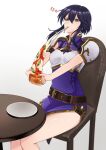  &gt;:( 1girl absurdres angry armor bad_source black_eyes black_hair cheese cheese_trail commission commissioner_upload eating fire_emblem fire_emblem:_genealogy_of_the_holy_war fire_emblem_heroes food highres holding holding_food holding_pizza larcei_(fire_emblem) mari48240422 pizza pizza_slice short_hair sitting solo table thighs tunic v-shaped_eyebrows 