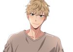  1boy bangs blonde_hair blush closed_mouth commentary green_eyes grey_shirt highres male_focus rennomiya shirt simple_background smile solo spy_x_family twilight_(spy_x_family) twitter_username white_background 