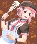  1girl :d apron bow brown_background freckles grey_headwear grey_shirt hat hat_bow highres holding lisbeth looking_to_the_side necktie open_mouth pink_hair pink_necktie red_eyes shiny shiny_hair shirt short_hair short_sleeves smile solo striped striped_bow sword_art_online tu_tora2 twitter_username upper_body white_apron wrist_cuffs 