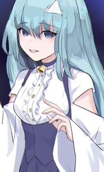  1girl absurdres blue_eyes blue_hair blue_vest framed_breasts hair_between_eyes hair_down hatsune_miku highres long_hair long_sleeves looking_at_viewer shirt short_sleeves smile solo triangular_headpiece vergil_mon vest vocaloid white_shirt 