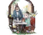  1girl absurdres animal bellacsy black_legwear bow bowtie brown_eyes chair couch cup easter easter_egg egg flower formal green_serafuku grey_hair hat highres jacket original pantyhose rabbit school_uniform serafuku shoes sitting suit table tea_set teacup teapot waiter wooden_chair 