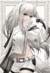  1girl animal_ear_fluff animal_ears arknights bangs black_gloves commentary cowboy_shot eyebrows_visible_through_hair gloves grey_eyes groin hand_up highres jacket long_hair long_sleeves looking_at_viewer midriff platinum_(arknights) short_shorts shorts solo standing suiu_aaa8 tail white_hair white_jacket white_shorts wide_sleeves 