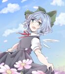  1girl :d absurdres bangs blue_dress blue_eyes blue_hair blush bow cirno clouds collared_shirt day detached_wings dress eyebrows_visible_through_hair field flower flower_field green_bow hair_bow highres ice ice_wings kuromame_(8gou) long_dress looking_at_viewer neck_ribbon open_mouth outdoors pinafore_dress puffy_short_sleeves puffy_sleeves red_ribbon ribbon shirt short_hair short_sleeves skirt_hold sky smile solo teeth touhou upper_teeth wavy_hair white_shirt wings 
