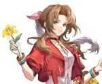  1girl aerith_gainsborough bangs boots bracelet braid braided_ponytail breasts brown_hair buttons choker cropped_jacket dress final_fantasy final_fantasy_vii final_fantasy_vii_remake flower flower_basket frilled_dress frills full_body green_eyes hair_ribbon highres holding holding_flower jacket jewelry medium_breasts namelessdm parted_bangs pink_dress red_jacket ribbon sidelocks solo upper_body wavy_hair white_background yellow_flower 