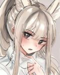  1girl absurdres adjusting_clothes animal_ears arknights bangs blush brown_eyes eyebrows_visible_through_hair grey_background highres horse_ears kaguura_(kagu) long_hair open_mouth platinum_(arknights) portrait sidelocks simple_background solo sweatdrop tearing_up tears v-shaped_eyebrows white_hair 