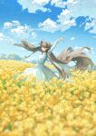  1girl arms_up blue_sky blush closed_eyes clouds commentary_request day dress field floating_hair flower flower_field highres long_hair long_sleeves meadow open_mouth original outdoors potg_(piotegu) rapeseed_blossoms sky smile solo very_long_hair white_dress yellow_flower 