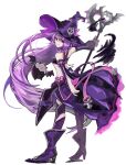  1girl aisha_landar bangs black_bra boots bra breasts buding_i detached_sleeves elsword floating_hair from_side full_body grin hat holding holding_staff long_hair long_sleeves looking_at_viewer oz_sorcerer_(elsword) purple_footwear purple_hair purple_headwear purple_legwear purple_skirt purple_sleeves shiny shiny_hair simple_background skirt small_breasts smile solo staff standing under_boob underwear very_long_hair violet_eyes white_background witch_hat 