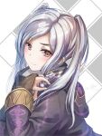  1girl absurdres bridal_gauntlets chess_piece clear_glass_(mildmild1311) coat fire_emblem fire_emblem_awakening green_eyes highres holding_chess_piece hood hood_down knight_(chess) looking_at_viewer parted_hair robin_(fire_emblem) smile solo twintails upper_body white_hair 
