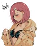  1girl animal_costume animal_hair_ornament aqua_bra blush bob_cut bra brown_eyes collarbone dressing ear_blush embarrassed hair_behind_ear hair_ornament hands_up hood hood_down lace-trimmed_bra lace_trim long_sleeves looking_away looking_down matumanda pajamas pink_hair profile protagonist_(tokimemo_gs4) sheep_costume sheep_hair_ornament short_hair simple_background solo sweat tokimeki_memorial tokimeki_memorial_girl&#039;s_side_4th_heart underwear upper_body white_background 