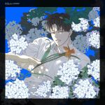  2boys black_hair blue_background blue_eyes commentary_request disembodied_limb floral_background flower highres holding holding_flower implied_yaoi korean_commentary lewin00000 lily_(flower) male_focus multiple_boys original out_of_frame petals shirt short_hair solo_focus tulip white_flower white_shirt 