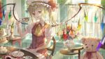  1girl ascot cake chair collared_shirt commentary crystal cup curtains eyebrows_visible_through_hair flandre_scarlet floral_print flower food hat hat_ribbon highres holding holding_cup lamp looking_at_viewer mob_cap neck_ribbon one_side_up piyo_(sqn2idm751) puffy_short_sleeves puffy_sleeves red_eyes red_flower red_ribbon red_rose ribbon rose saucer shirt short_sleeves sitting skirt skirt_set smile solo stuffed_animal stuffed_toy sweets table tea_set teacup teddy_bear touhou tray vase waffle white_flower white_headwear white_rose white_shirt window wings yellow_ascot 