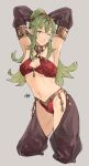  1girl ;) absurdres alternate_costume armpits arms_up bangs bare_shoulders breasts commentary_request cosplay cropped_legs detached_sleeves fire_emblem fire_emblem_awakening fire_emblem_heroes green_eyes green_hair grey_background groin headpiece highres long_hair looking_at_viewer medium_breasts midriff navel olivia_(fire_emblem) olivia_(fire_emblem)_(cosplay) one_eye_closed pointy_ears ponytail sakuremi see-through_sleeves sidelocks simple_background smile solo standing stomach thighs tiki_(fire_emblem) 